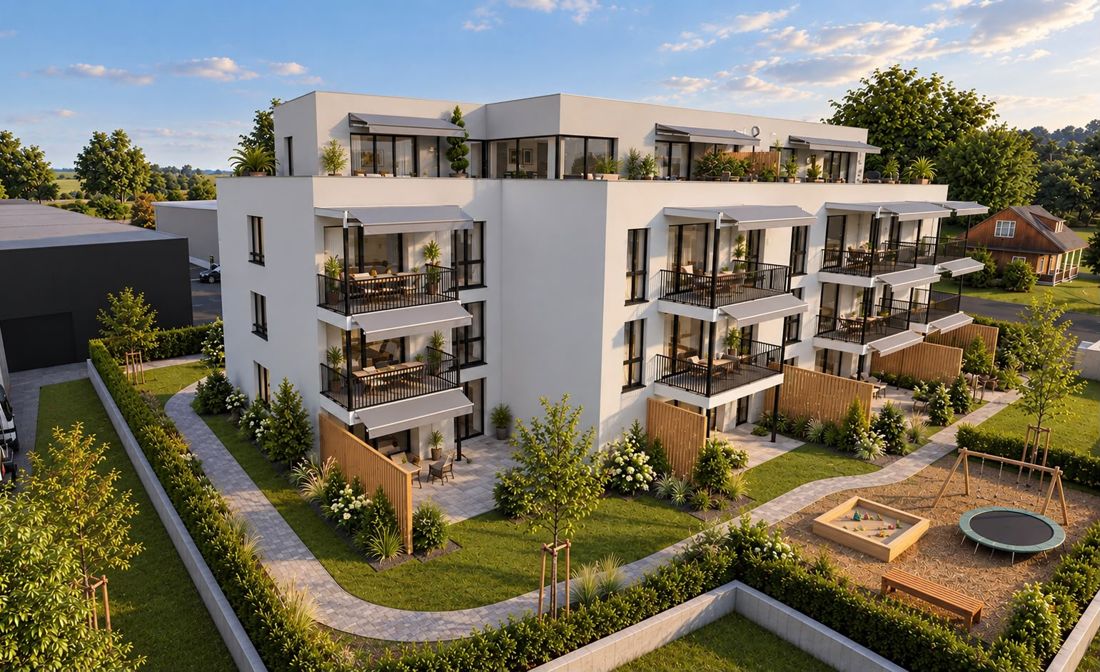 Neubau Bernstrasse 25 in Konolfingen – Aussenansicht mit Garten (Visualisierung)